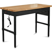 60 Inch Adjustable Workbench with Power Outlet, 2500 LBS Heavy Duty Workbench with Hardwood Top, 6-Level Height Adjustable Garage Work Table with Wheels, Rolling Workstation for Workshop