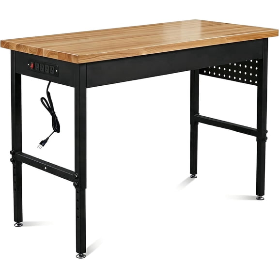 60 Inch Adjustable Workbench with Power Outlet, 2500 LBS Heavy Duty Workbench with Hardwood Top, 6-Level Height Adjustable Garage Work Table with Wheels, Rolling Workstation for Workshop