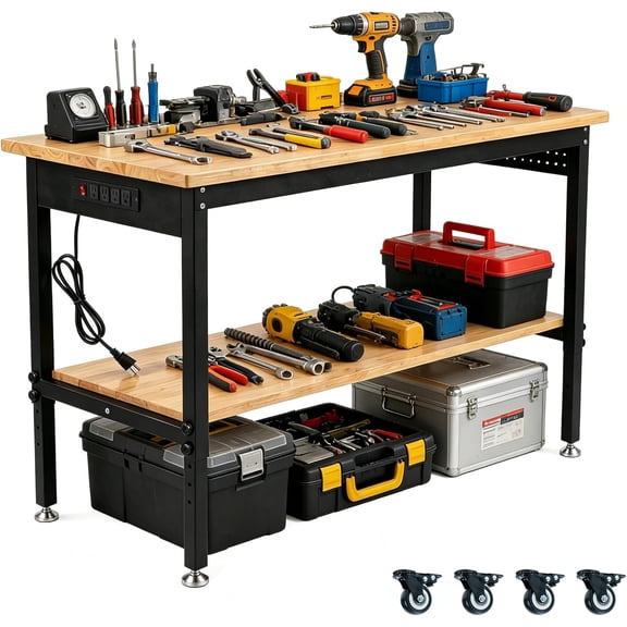 60 Inch Adjustable Workbench with Power Outlet Heavy Duty 2500 LBS Load Capacity Hardwood Work Table for Garage 6 Level Height Adjustable Workshop Bench with Wheels (60"x24"Double-Layer)