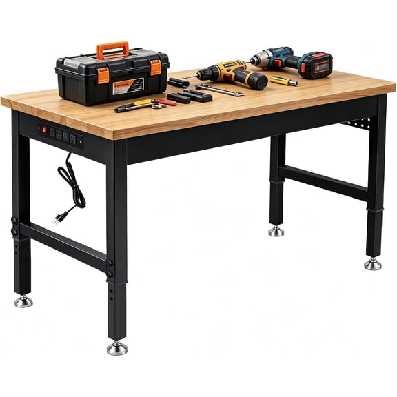 60 Inch Adjustable Workbench with Power Outlet Heavy Duty 2500 LBS Load Capacity Hardwood Work Table for Garage 6 Level Height Adjustable Workshop Bench with Wheels (60"x24")