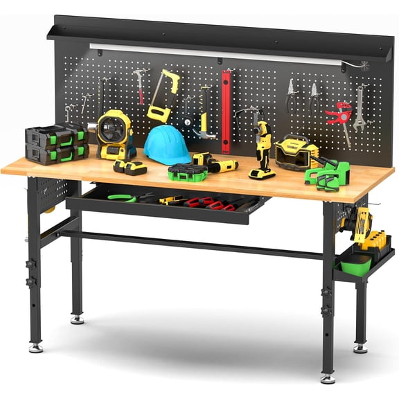 60 Inch Adjustable Workbench with Drawers and LED Light for Garage Use