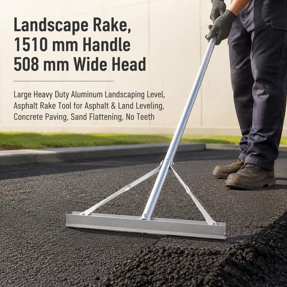 60 Inch Aluminum Landscape Rake, 20 Inch Head, No Teeth, for Asphalt, Land Leveling, and Sand Flattening