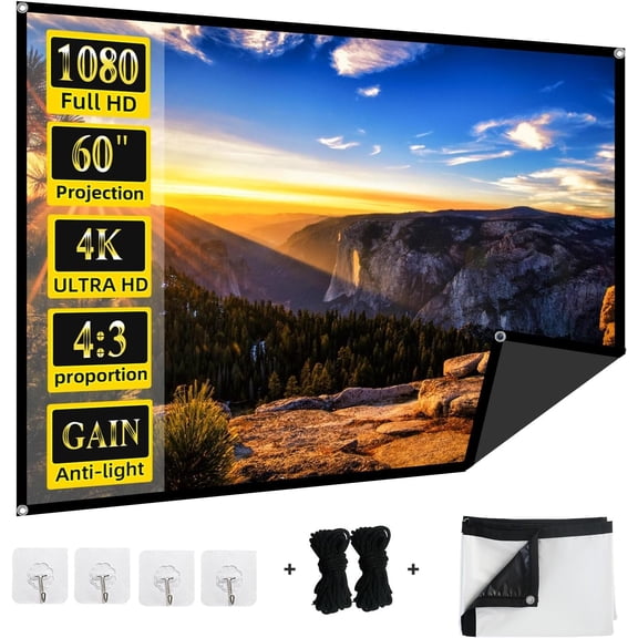 60-Inch Anti-Light Projector Screen, 4K 4:3 Portable Outdoor Movie Screen, Black Backing Foldable Indoor Projection Screen with High & 160? Viewing Angle for Theater, Camping, RV