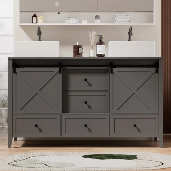 60 Inch Bathroom Vanity with Double Sink Ceramic, Freestanding Cabinet with 2 Farmhouse Sliding Barn Doors and 5 Drawers, Space-Saving Storage Cabinet(Ship in 2 Boxes)