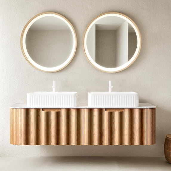 60 Inch Bathroom Vanity with Double Sink, Floating Bathroom Cabinet with White Rectangular Ceramic Basin and Marble Top, 2 Large Soft-Closing Storage Drawers, Pre-Assembled, Nature Wood