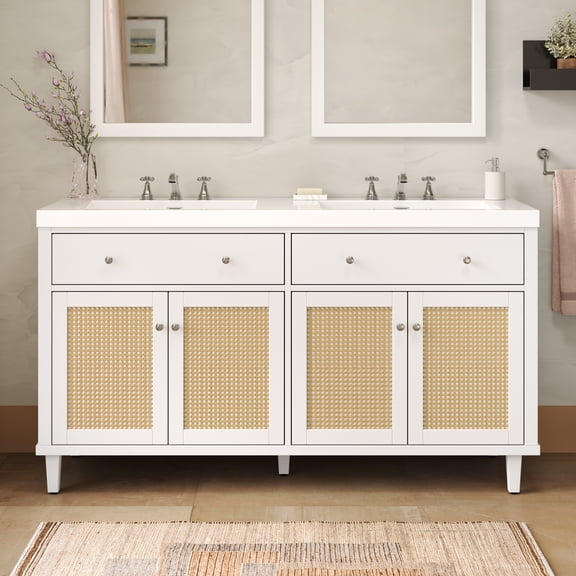 60 Inch Bathroom Vanity with Double Sink ( SMC Sink ), Large Storage Space with 2 Tip-Out Trays / Flip-Out Drawers and 4 Soft Closing Doors, Solid Wood Legs and Silver Metal Knobs, White