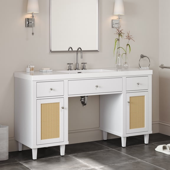 60 Inch Bathroom Vanity with SMC Sink, Modern Wheelchair Accessible Bathroom Cabinet with Soft Close Drawers, Freestanding Vanity with Solid Wood Legs and Tip-Out Tray, White Color