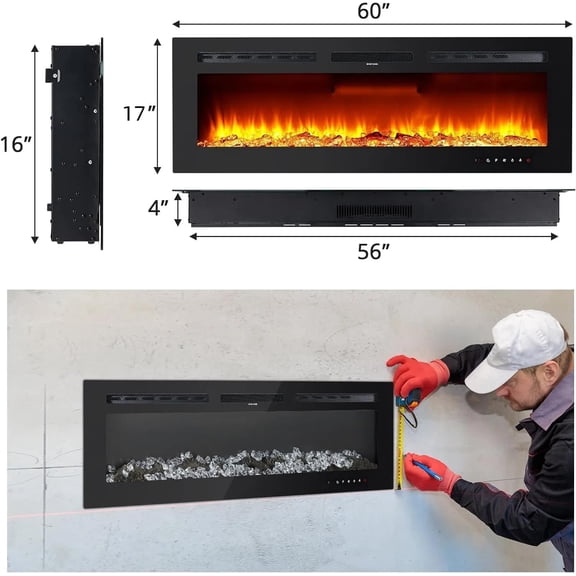 60 Inch Black 3D Flame Electric Fireplace, Wall Recess Freestanding Heating Stove