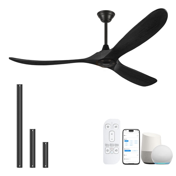 60 Inch Black Outdoor Ceiling Fans without Lights, Modern Smart Remote/App/Alexa Control, 3 Solid Wood Propeller Blades, 6 Speeds Reversible Quiet Dc Motor for Living Room, Covered Exterior Patios