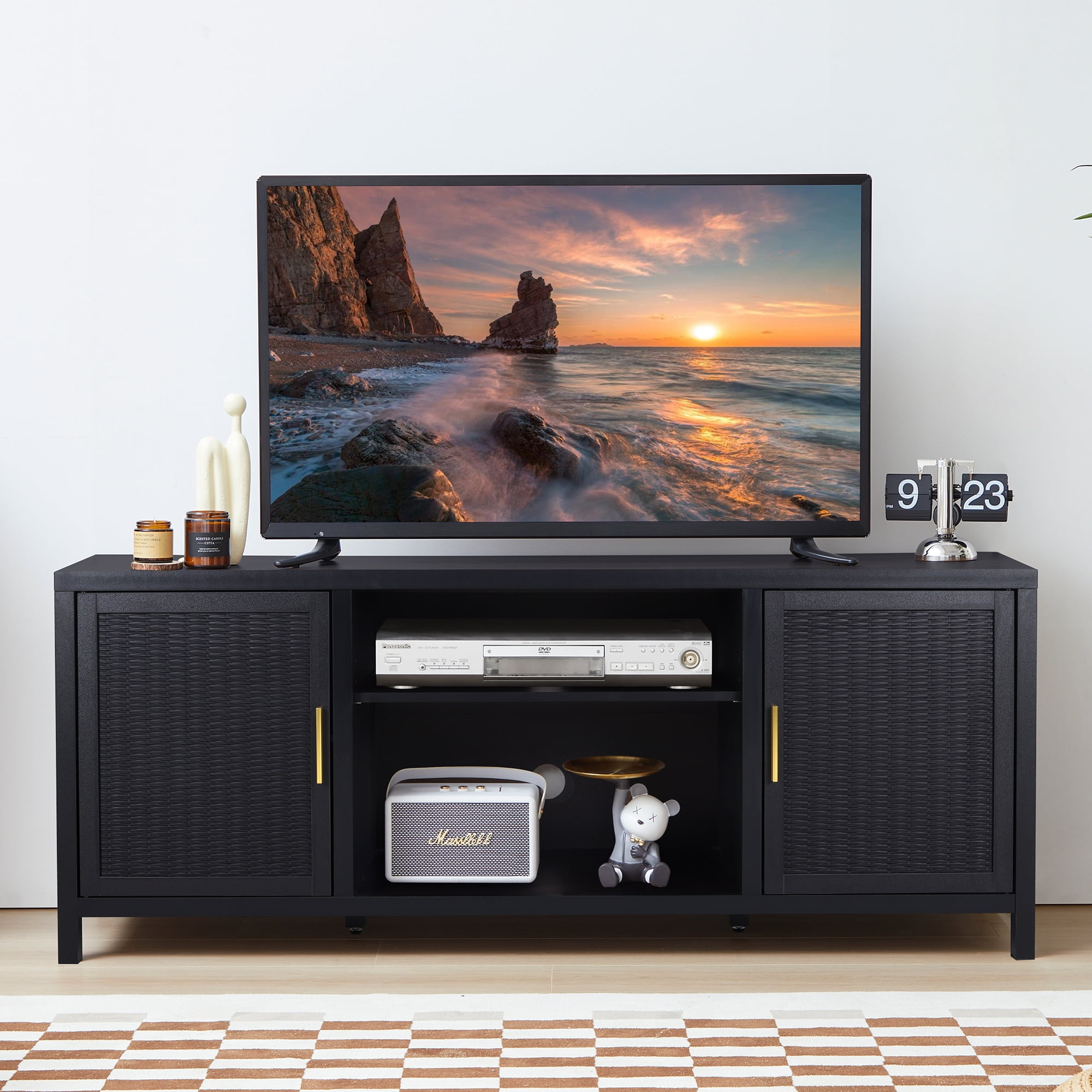 Wirrytor Mid Century Modern TV Stand with Storage Cabinet 65 inch Low TV Console Table Rattan TV Stand with Doors Black TV Entertainment Stand with