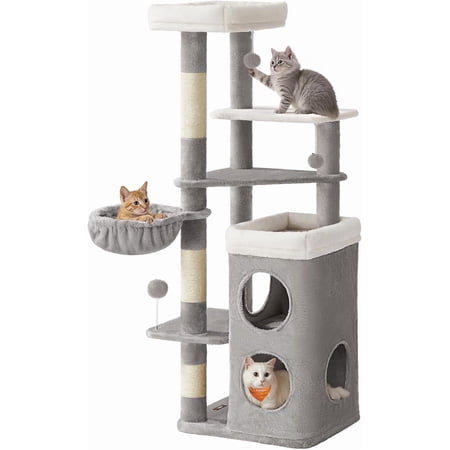 60-Inch Cat Tower, Multi-Level Plush Condo with 2 Hideaways, 3 Scratching Posts, and 3 Perches in Gray