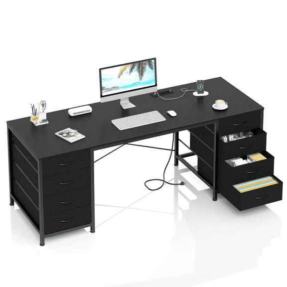 60 Inch Computer Desk with 8 Drawers, Home Office Desk with Power Outlets, Work Study Gaming Desk with 8 Fabric Drawers, Black