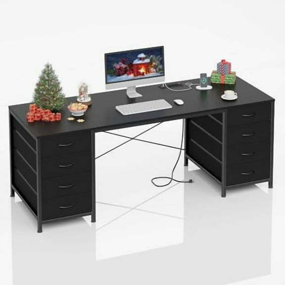 60 Inch Computer Desk with 8 Drawers, Home Office Desk with Power Outlets, Work Study Gaming Desk with 8 Fabric Drawers, Black