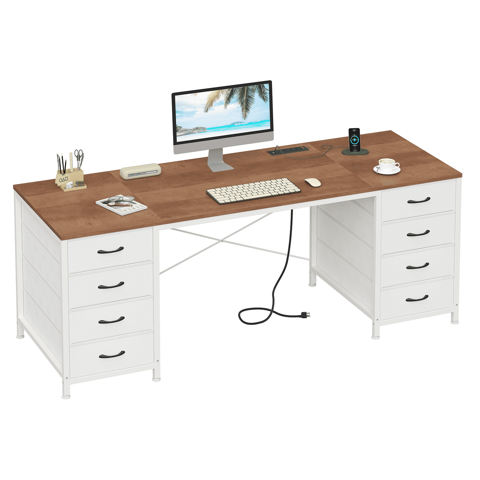 60 Inch Computer Desk with 8 Drawers, Home Office Desk with Power Outlets, Work Study Gaming Desk with 8 Fabric Drawers, Brown and White