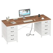 60 Inch Computer Desk with 8 Drawers, Home Office Desk with Power Outlets, Work Study Gaming Desk with 8 Fabric Drawers, Brown and White