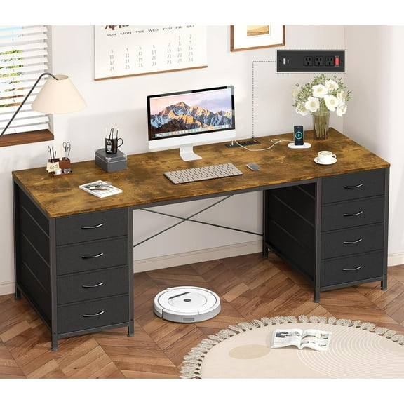 60 Inch Computer Desk with 8 Drawers, Home Office Desk with Power Outlets, Work Study Gaming Desk with 8 Fabric Drawers, Rustic Brown