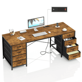 60 Inch Computer Desk with 8 Drawers, Home Office Desk with Power Outlets, Work Study Gaming Desk with 8 Fabric Drawers, Rustic Brown