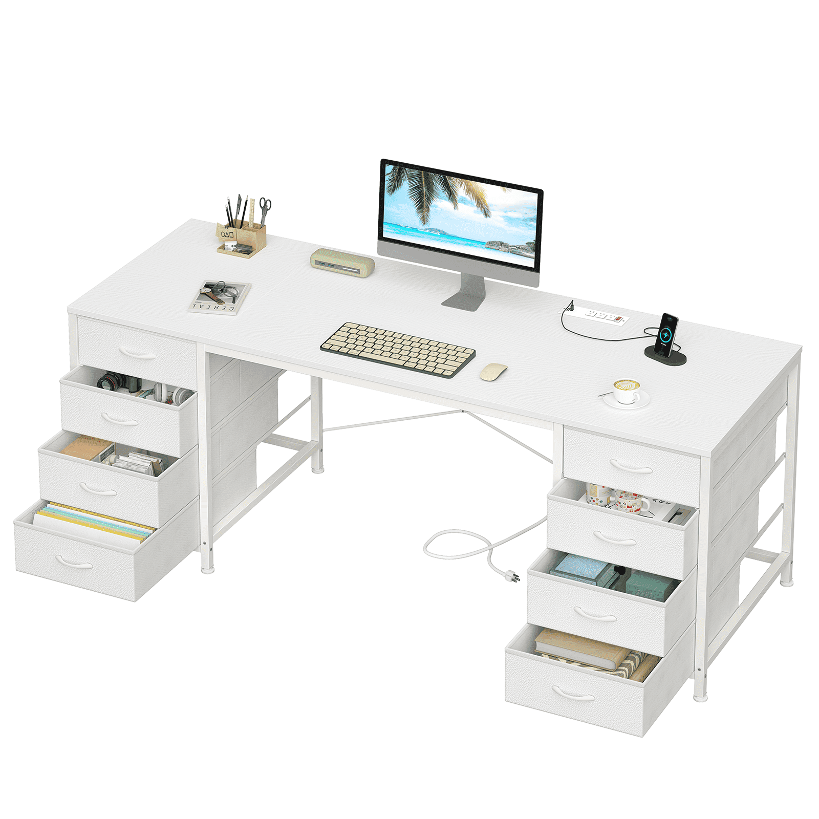 60 Inch Computer Desk with 8 Drawers, Home Office Desk with Power Outlets, Work Study Gaming Desk with 8 Fabric Drawers, White