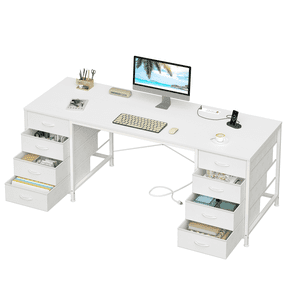 60 Inch Computer Desk with 8 Drawers, Home Office Desk with Power Outlets, Work Study Gaming Desk with 8 Fabric Drawers, White