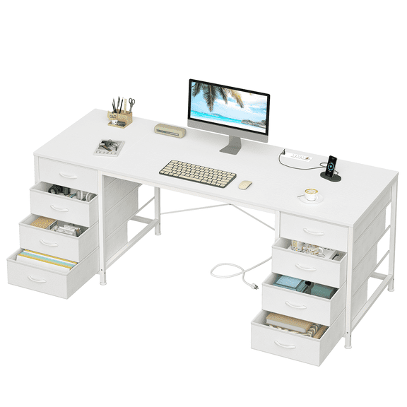 60 Inch Computer Desk with 8 Drawers, Home Office Desk with Power Outlets, Work Study Gaming Desk with 8 Fabric Drawers, White