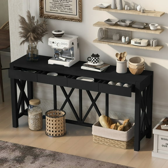 60 Inch Console Table with 4 Drawers, Farmhouse Entryway Table with Open Bottom Storage, Crisscross Leg Wooden Sideboard for Hallway, Entrance, Living Room, Black