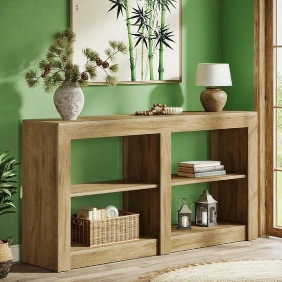 60 Inch Console Table for Entryway, 3-Tier Wood Accent Behind Couch Table with Storage Shelves, Rustic Wooden Narrow Entry Table with Solid Base, Oak
