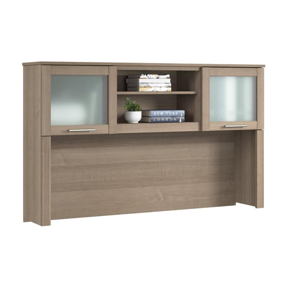 60-Inch Desk Hutch With Frosted Glass Doors Open Shelf Ash Gray
