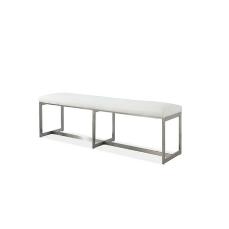 60 Inch Dining Bench, White Fabric Padded Seat, Brushed Silver Steel Base - Saltoro Sherpi