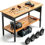 60 Inch Double-Layer Workbench with Wheels, Power Outlet & Pegboard, Heavy Duty Adjustable Rolling Work Table, 2500 lbs Load Capacity for Garage Workshop