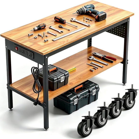 60 Inch Double-Layer Workbench with Wheels, Power Outlet & Pegboard, Heavy Duty Adjustable Rolling Work Table, 2500 lbs Load Capacity for Garage Workshop