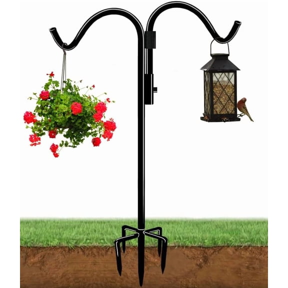 60 Inch Double Shepherds Hook for Outdoor with 5 Prong Base, Adjustable Heavy Duty Bird Feeder Pole for Hanging Flower Basket, Plant Hanger, Solar Light Lanterns, Black