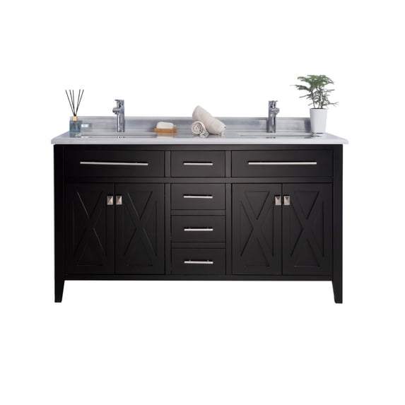 60 Inch Double Sink Espresso Cabinet With White Stripes Counter Top - Color Black - Laviva