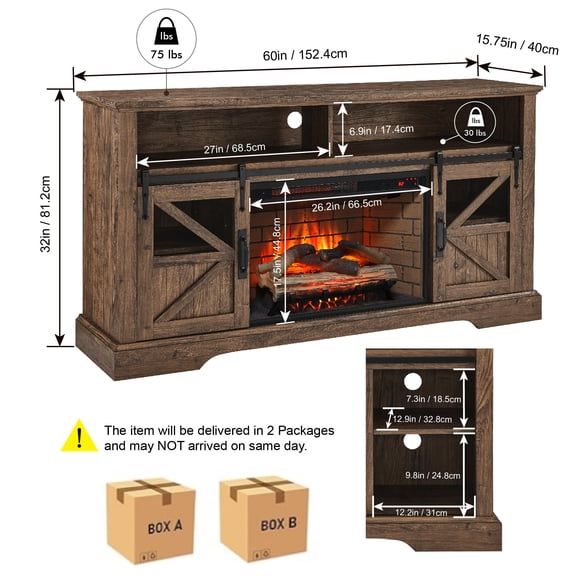 60 Inch Electric Fireplace Entertainment Center with Door Sensor - Reclaimed Barnwood, Fits TVs up to 70, Wood+Stainless Steel+Glass, 1500W Heater