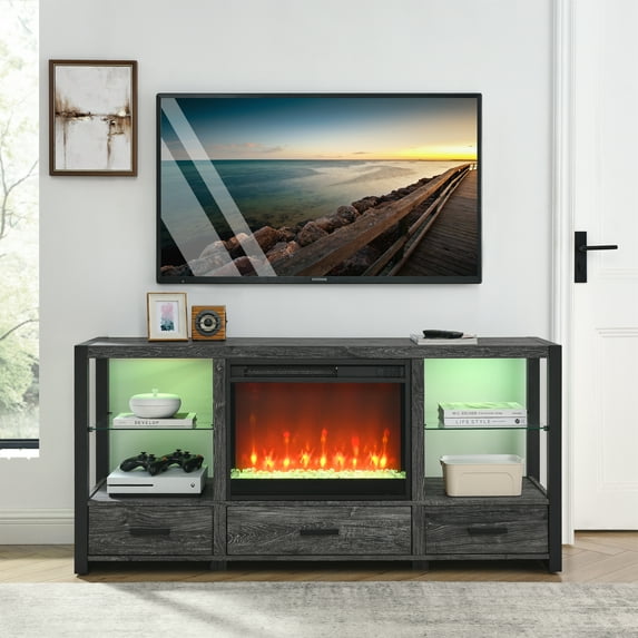 60" Electric Fireplace Cabinet with Remote Control & Sync Colorful LED Lights, Fireplace TV Stand for TV Up to 70" TV, Dark Oak