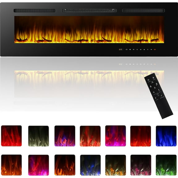 60 Inch Electric Fireplace Recessed and Wall Mounted, Low-Noise Fireplace Heater, Electric Wall Fireplace with Remote Control 12Hrs Timer Touch Screen, Adjustable Flame Colors Speed