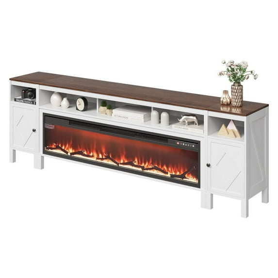 60-Inch Electric Fireplace TV Console, Farmhouse Style Entertainment Center for TVs Up to 100 Inches, with Storage Drawers, Remote, White – for Living Room & Bedroom