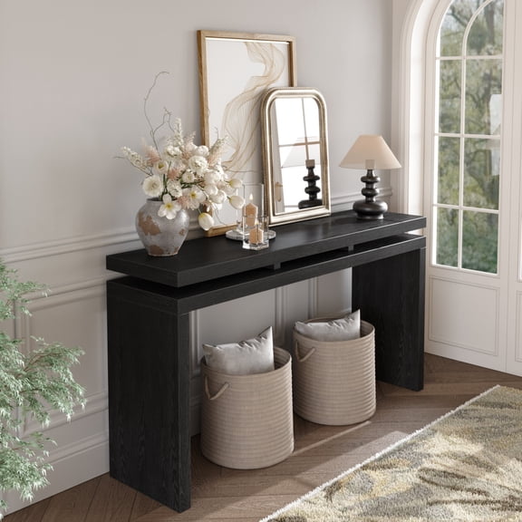 60 Inch Farmhouse Console Table with Double Board Suspension, Accent Table, Wooden Entryway Table, 120 LBS Weight Capacity, for Hallway, Living Room, Black