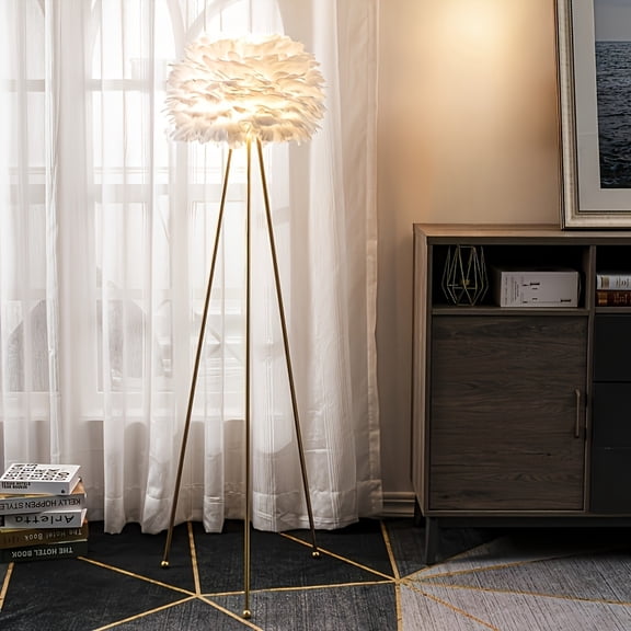 60-Inch Feather Floor Lamp Featuring a Tripod Design with a White Feather Shade, Ideal for Illuminating Bedrooms, Dining Areas, Living Rooms, Kitchens, Studies, And Offices