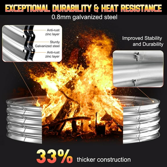60 Inch Fire Pit Ring 5FT Galvanized Steel, 12" Raised Heavy Duty Wood Burning Fire Pits & Outdoor Fireplace, Heat Resistant Campfire Ring with Spark Guard, for Outdoor Backyard,  & Camping Use