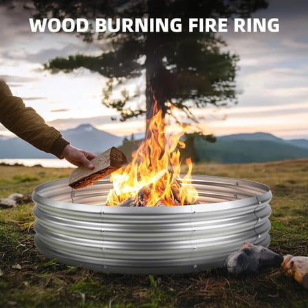 60 Inch Fire Pit Ring for Outside, 5FT Diameter Wood Burning Fire Ring, Large Round Galvanized Steel Fire Pit, Metal Outdoor Fireplace for Backyard, , Camping, Bonfire (Silver)