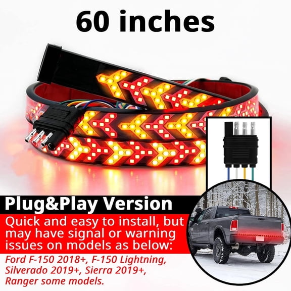 60 Inch Fishbone LED Pickup Tailgate Light Bar 4 Pin Plug and Play Red Amber Running Brake Turn Signal Hazard Waterproof Self Adhesive Rear Exterior Universal Truck SUV RV Van Trailer DC 12V to 24V