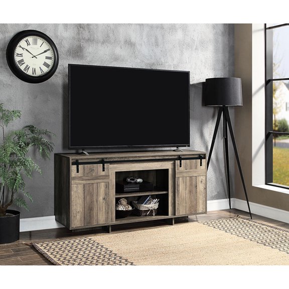 60-Inch Flat Screen Compatible, Gray Synthetic Wood TV Stand / Adds Rustic Modern Flair to Living Room