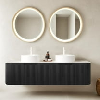 60 Inch Floating Bathroom Vanity with Double Sink, Modern Bathroom Vanities with Ultra-Thin Marble Countertop and Ceramic Sink, Soft-Close Design, Natural Solid Wood Cabinet, Pre-Assembled, Black