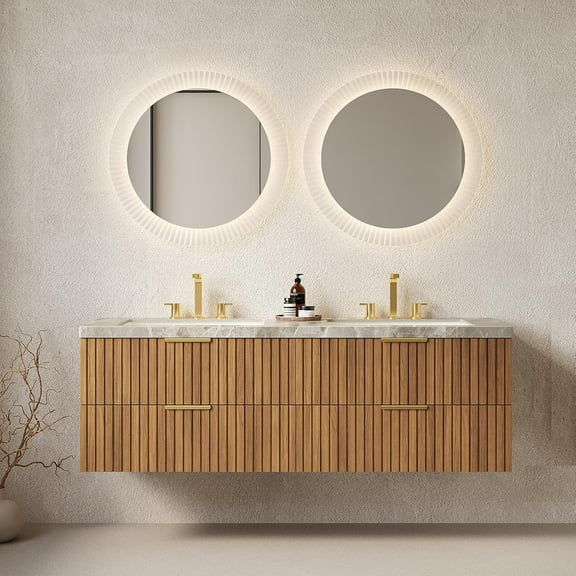 60 Inch Floating Bathroom Vanity with Double Sink, Wall-Mounted Plywood Bathroom Storage Cabinet with 4 Drawers, Sintered Stone Countertop and 2 Ceramic Basins, Pre-Assembled, Dark Oak