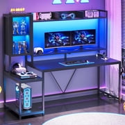 60 Inch Gaming Desk with LED Lights and Power Outlets, Computer Desk with Open Shelves, Large Corner Desk with Monitor Stand, Home Office Desk with Hutch, Black