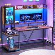 60 Inch Gaming Desk with LED Lights and Power Outlets, Computer Desk with Open Shelves, Large Corner Desk with Monitor Stand, Home Office Desk with Hutch, Rustic Brown