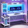 60 Inch Gaming Desk with LED Lights and Power Outlets, Computer Desk with Open Shelves, Large Corner Desk with Monitor Stand, Home Office Desk with Hutch, White