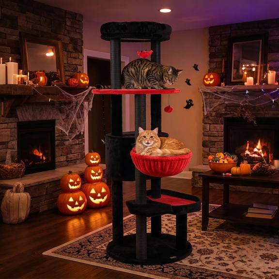 60 Inch Gothic Cat Tower with Plush Perch, Coffin Bed, Spider Toys, Black and Red