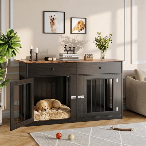 60 Inch Heavy Duty Dog Crate Furniture for Two Dogs, Dog Kennel TV Stand with 2 Drawers, Indoor End Table for Small to Medium Dogs, Black
