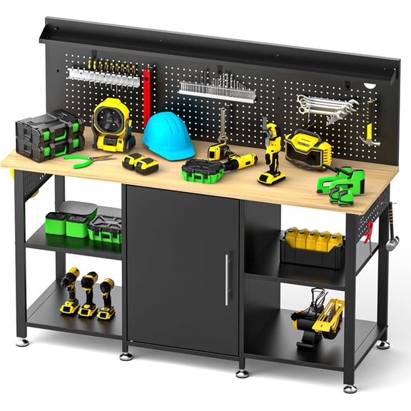 60 Inch Heavy Duty Workbench with Storage Cabinet, Solid Wood Top, 2000 lbs Capacity, Garage Work Table with Pegboard, Power Outlet, Leveling Feet, Black
